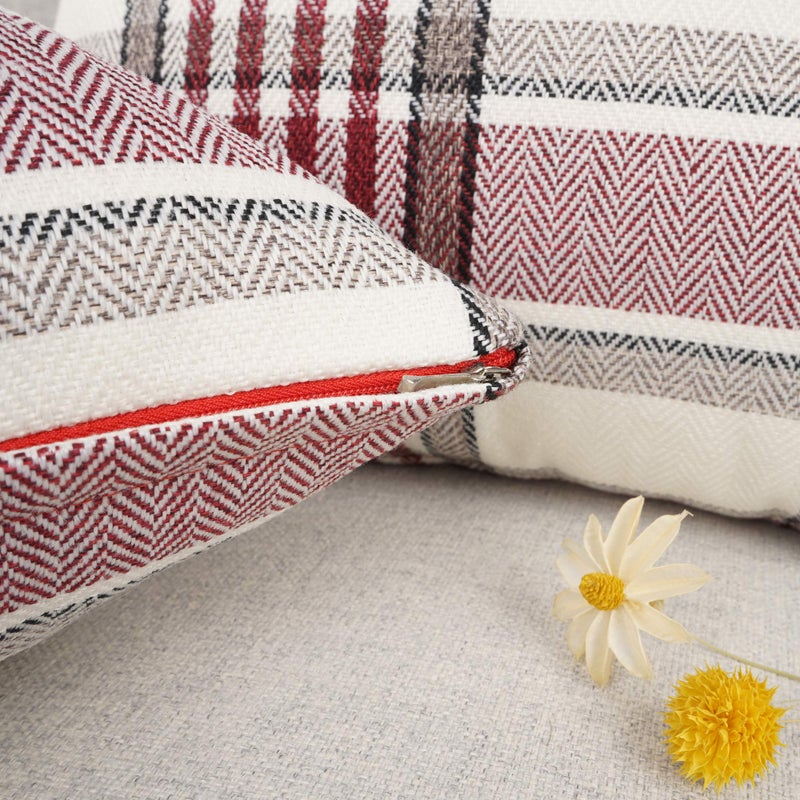 YOUR SMILE Christmas Retro Farmhouse Buffalo Tartan Chequer Plaid Cotton Linen Decorative Throw Pillow Case Cushion Cover Pillowcase for Sofa 18 x 18 Inch, Set of 2, Red/Stripe - Image 5